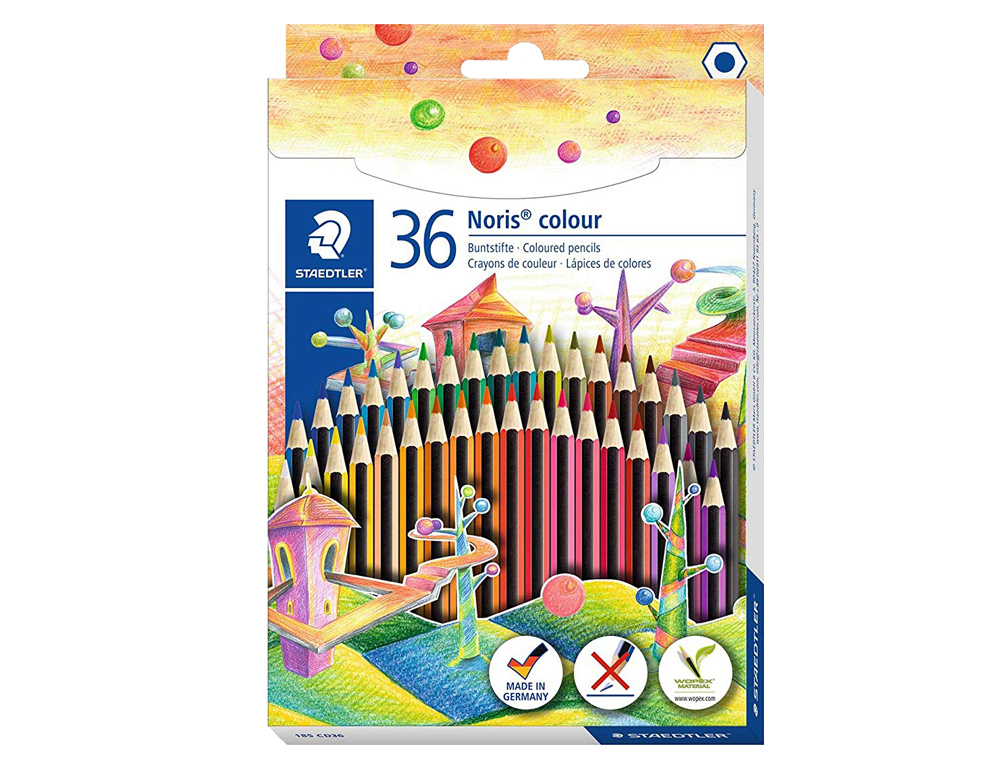 Staedtler Noris Colour 185 Pack de 36 Lapices de Colores Hexagonales - Fabricados en WOPEX - Muy Resistentes - Madera de Fuentes Sostenibles - Colores Surtidos